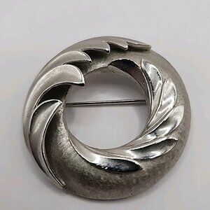 Vintage Crown Trifari Brushed Silver Tone Swirl Wave Brooch 1960s